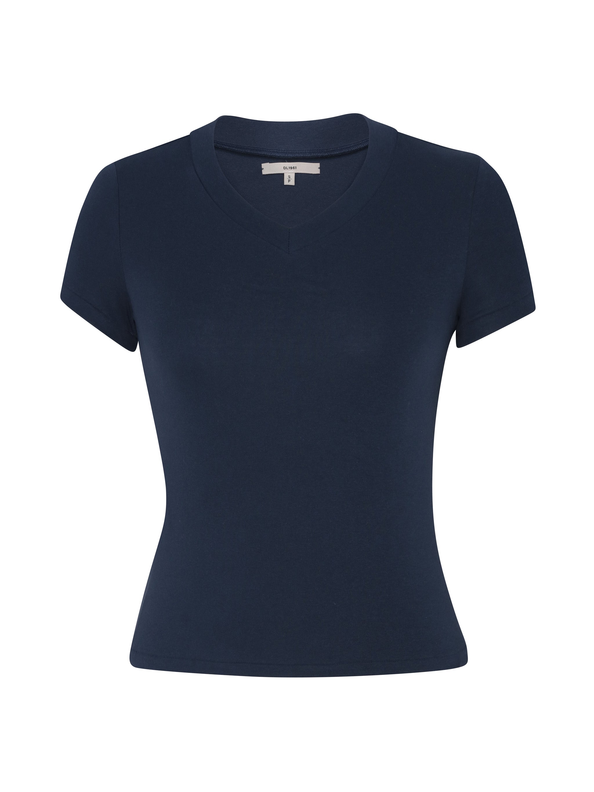 Shrunken V-Neck Tee in Navy, ghost-mannequin product shot on white, front view.
