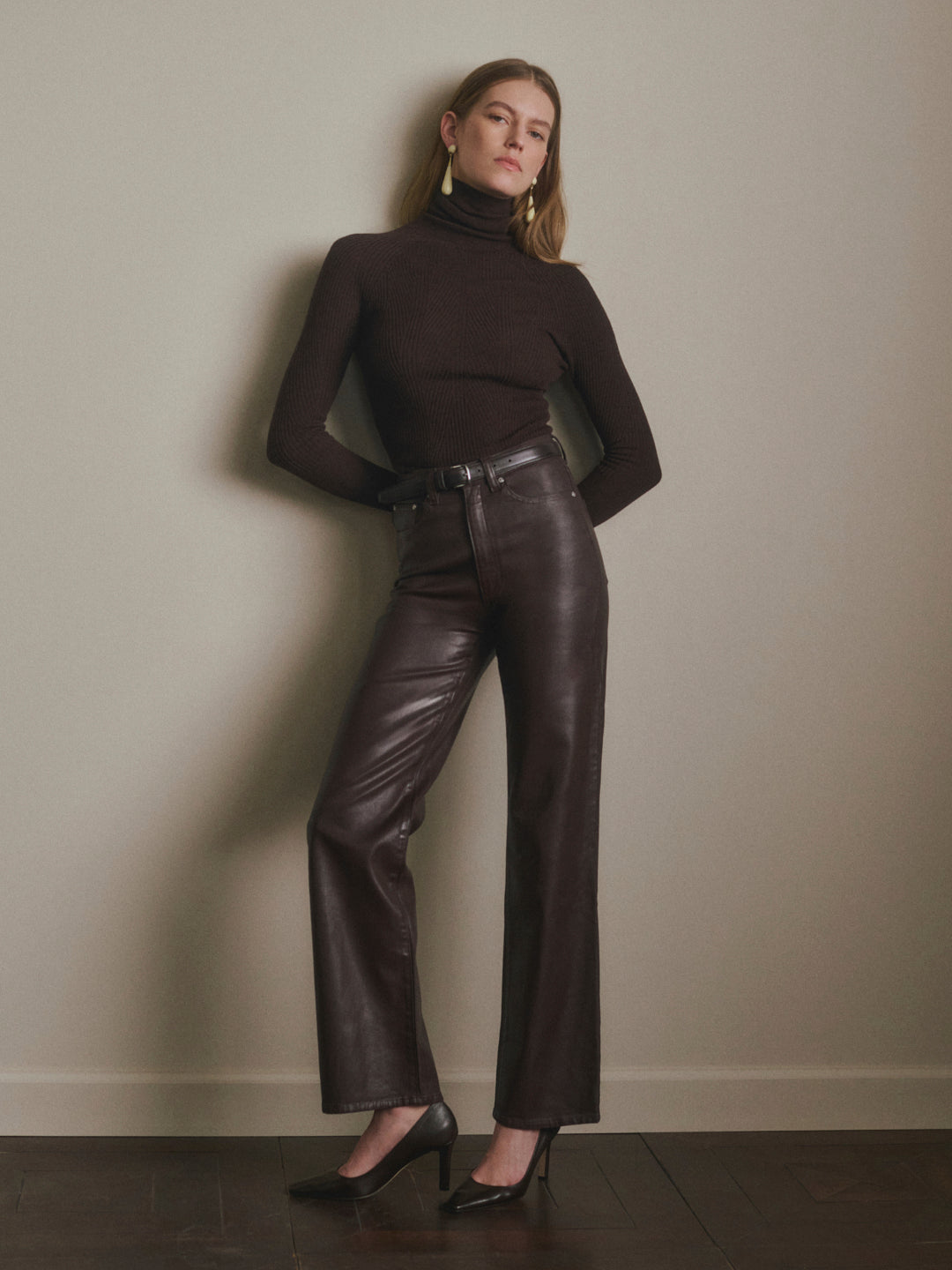 DL1961 Karmine wide-leg high-rise jeans in glossy dark berry-brown 'Bramble Coated', full-length styled view.