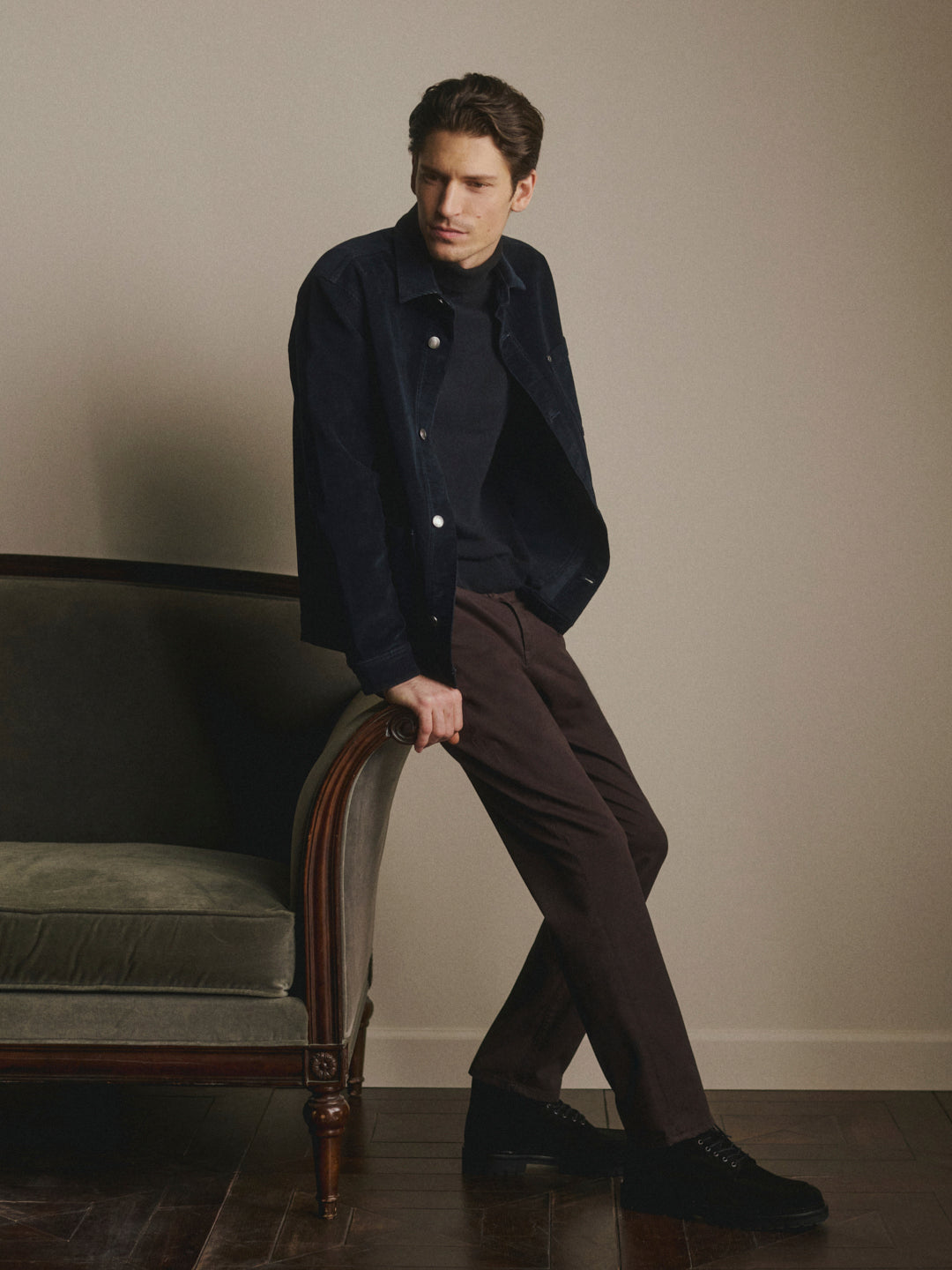 Editorial FALL 2026 — Sean Corduroy Shirt Jacket Skyline with Russell Slim Straight Lacquer