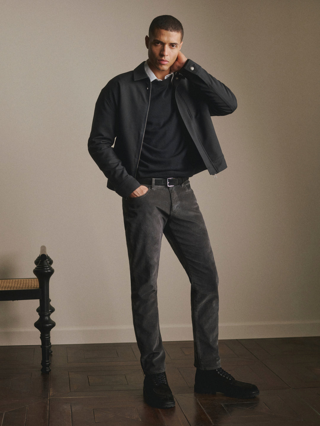 Editorial FALL 2026 — Nick Slim Corduroy Graphite with Robb Bomber Black Onyx
