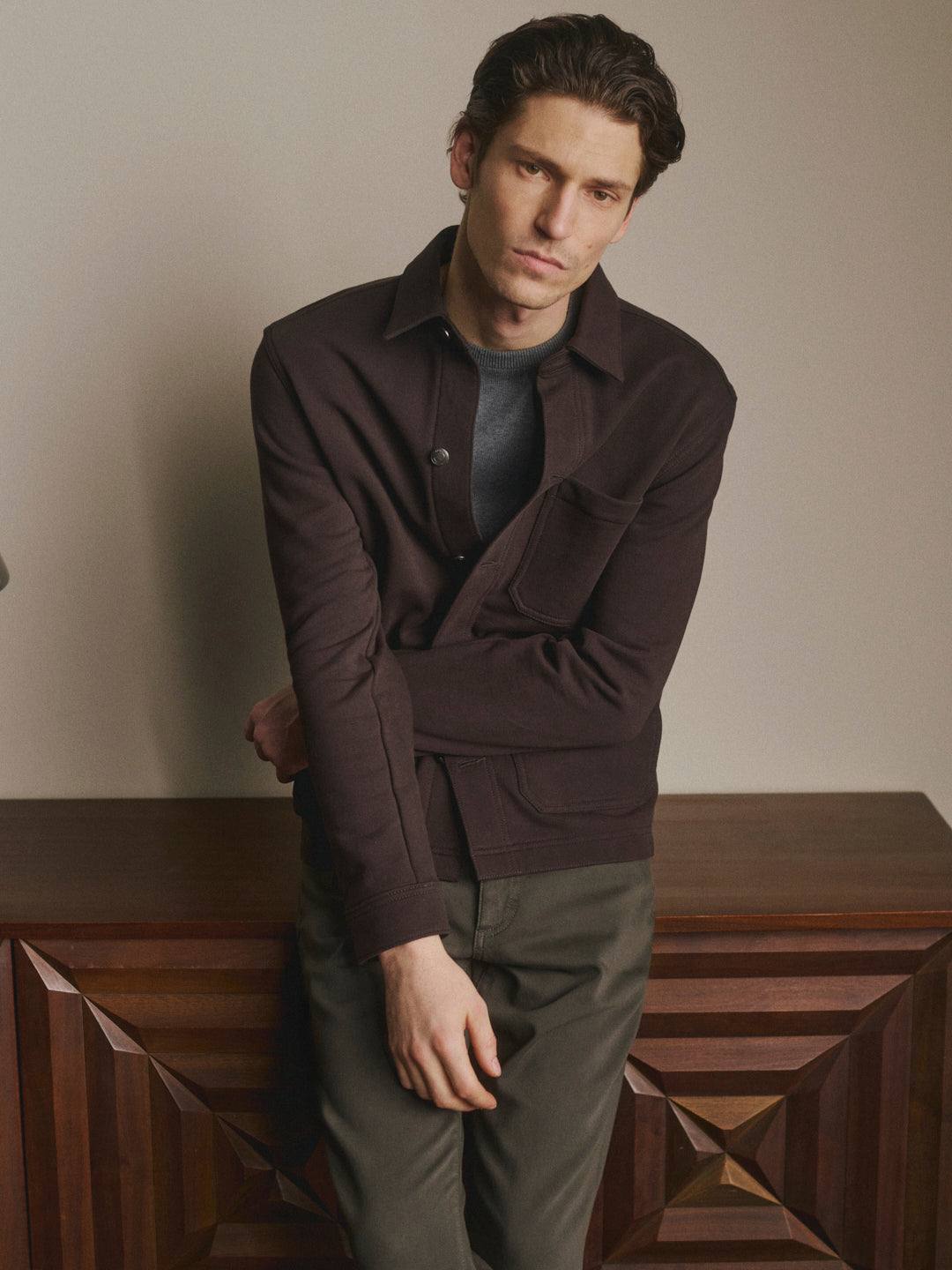 Editorial FALL 2026 — Sean Knit Shirt Jacket Tobacco with Nick Slim Dark Grey