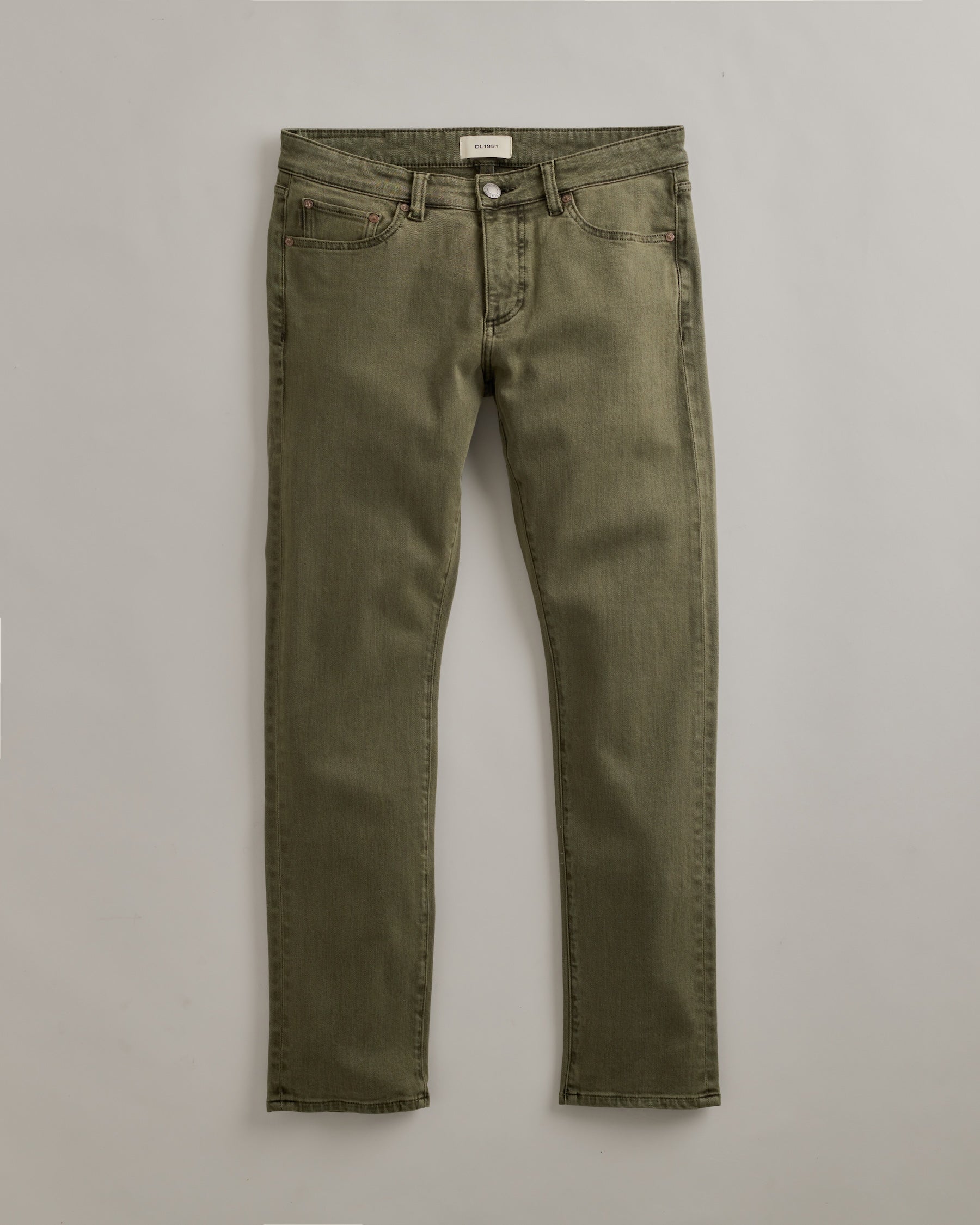 DL1961 men's Russell Slim Straight Jeans in 'Outpost' — studio flat lay packshot on a plain background, no model.
