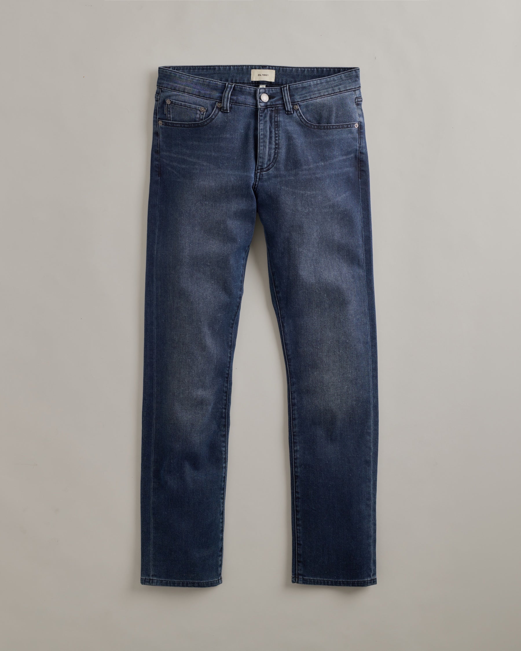 DL1961 men's Russell Slim Straight Jeans in 'Cold Forge' — studio flat lay packshot on a plain background, no model.