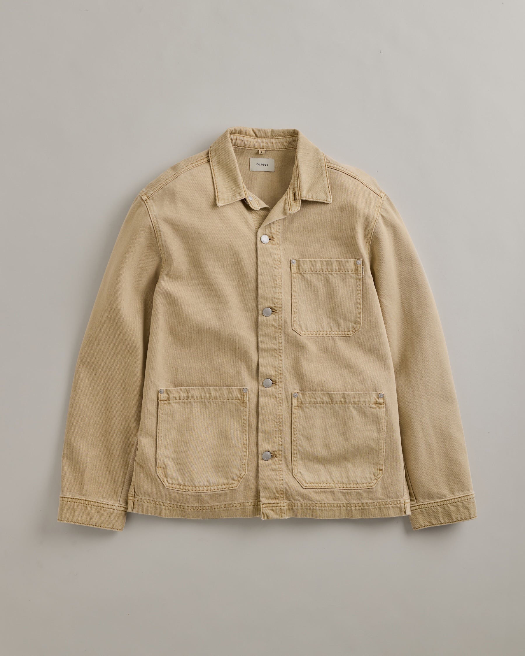 DL1961 men's Sean Denim Shirt Jacket in 'Dune' — studio flat lay packshot on a plain background, no model.