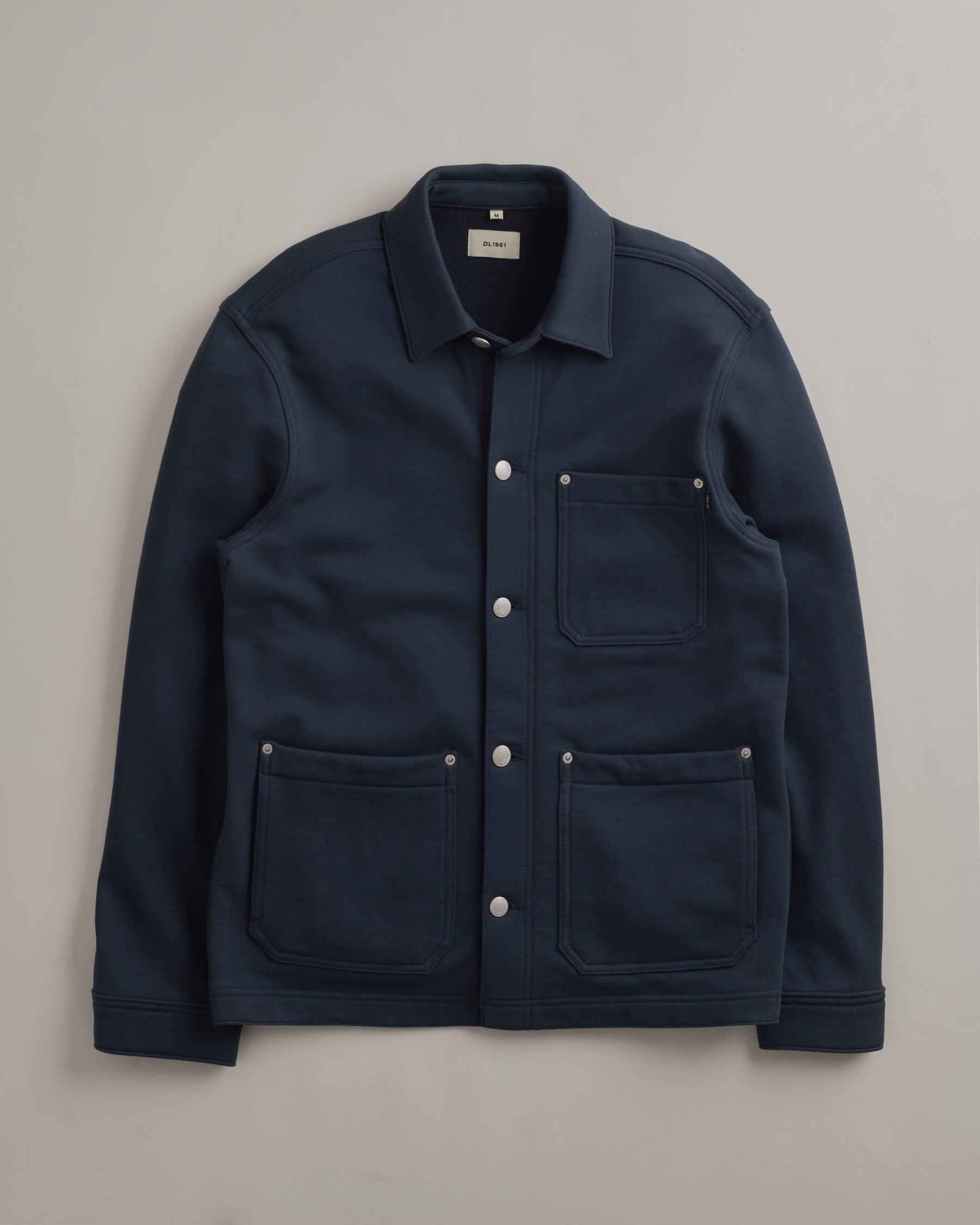 DL1961 men's Sean Knit Shirt Jacket in 'Classic Navy' — studio flat lay packshot on a plain background, no model.
