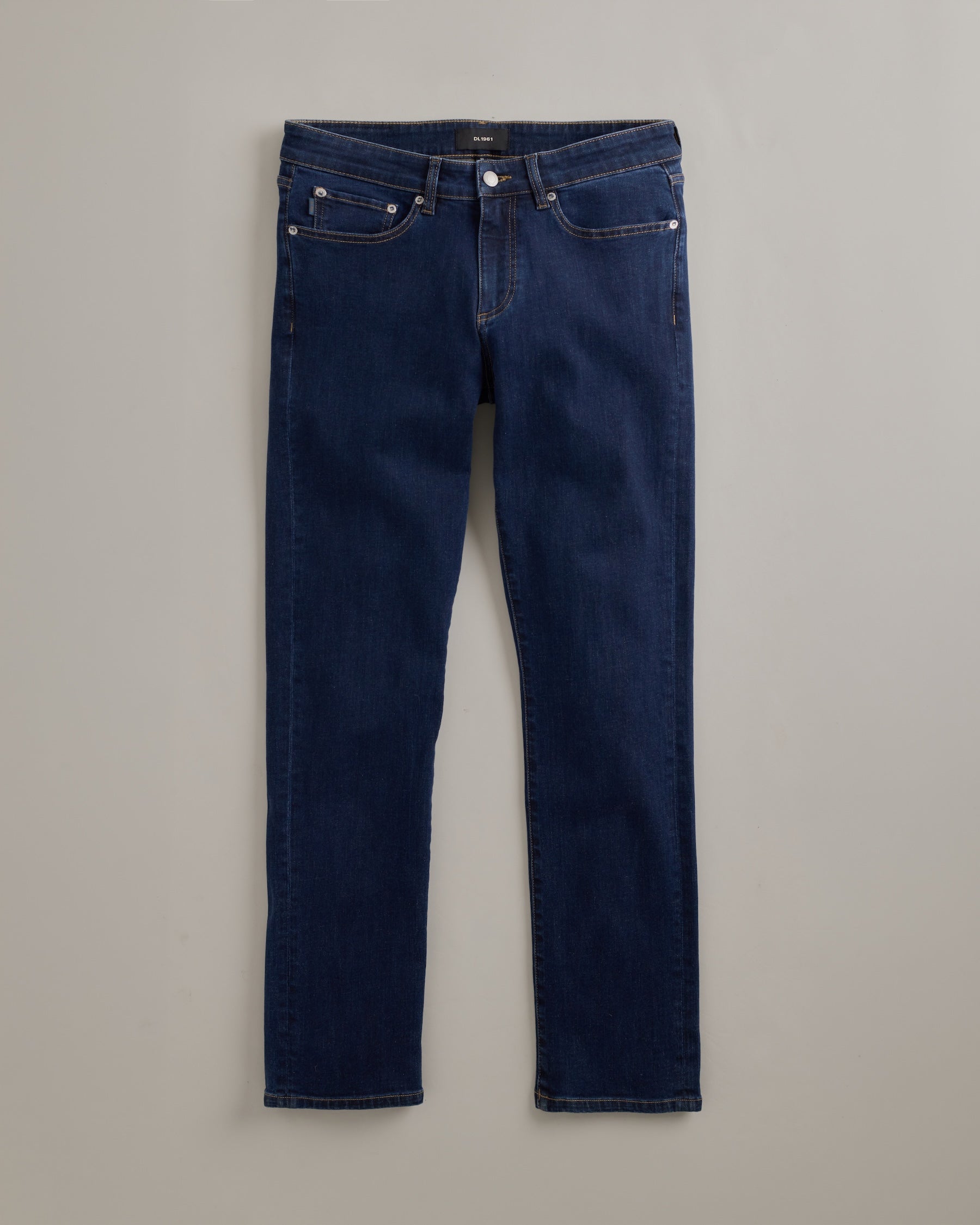 DL1961 men's Chris Modern Straight Jeans in 'After Hours' — studio flat lay packshot on a plain background, no model.